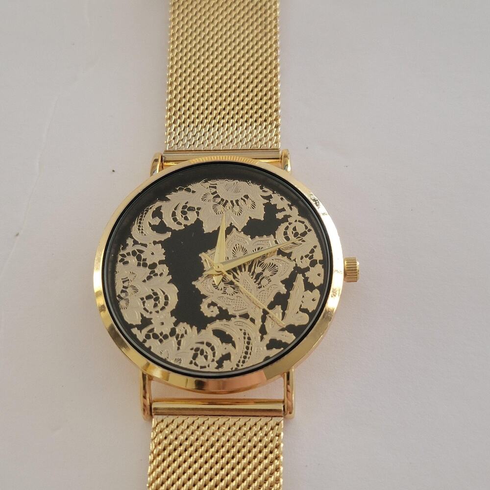 Womens Watch Black Dial 36mm Gold Case Gold Mesh Bracelet Quartz Analog